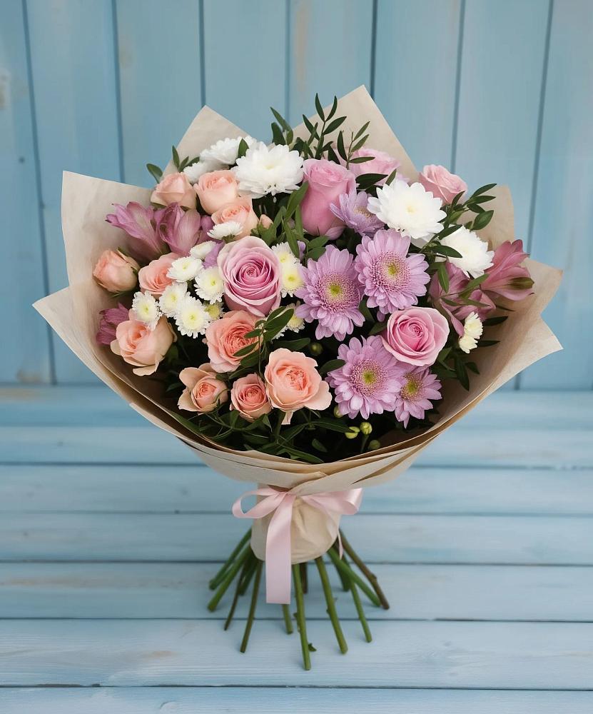 Букет цветов из: Хризантемы, Розы и Альстромерии в Озеке-Суате