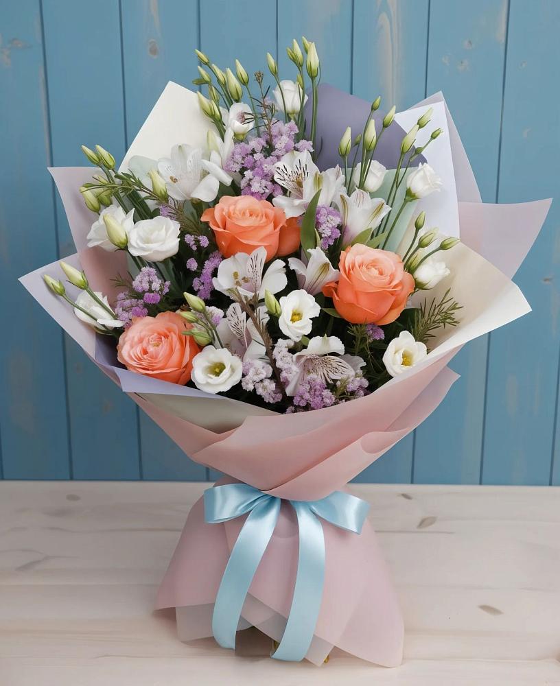 Букет цветов из: Лизиантусы, Розы, Альстромерии и Гипсофила в Озеке-Суате