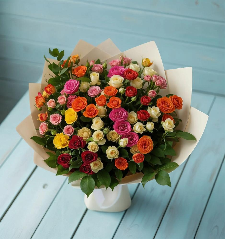 Букет Микс из разноцветных кустовых роз в Озеке-Суате