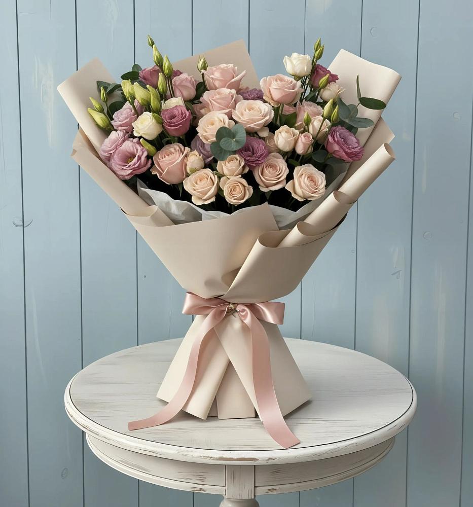 Букет цветов из: Розы и Лизиантусы в Озеке-Суате