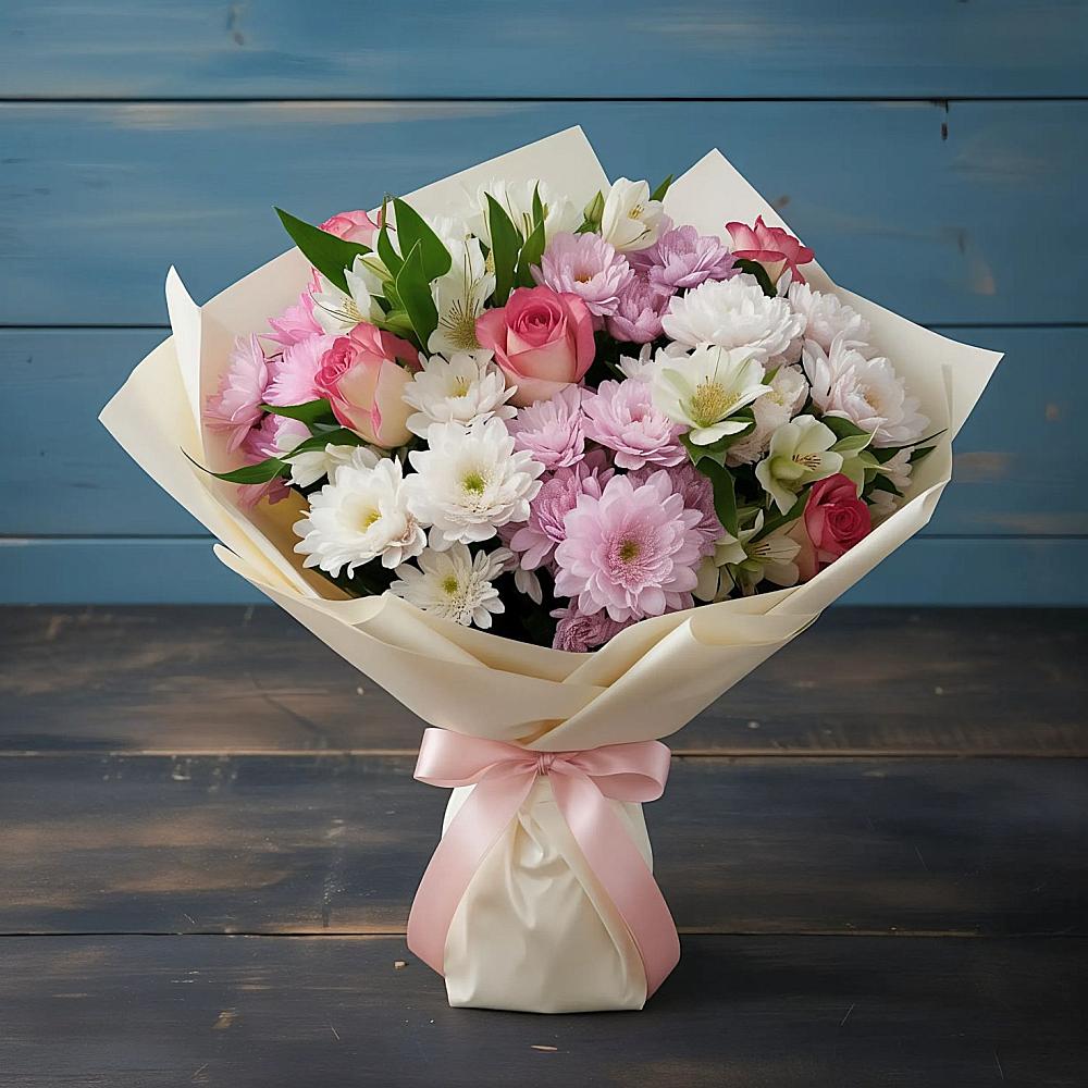 Букет цветов из: Хризантемы, Альстромерии и Розы в Озеке-Суате